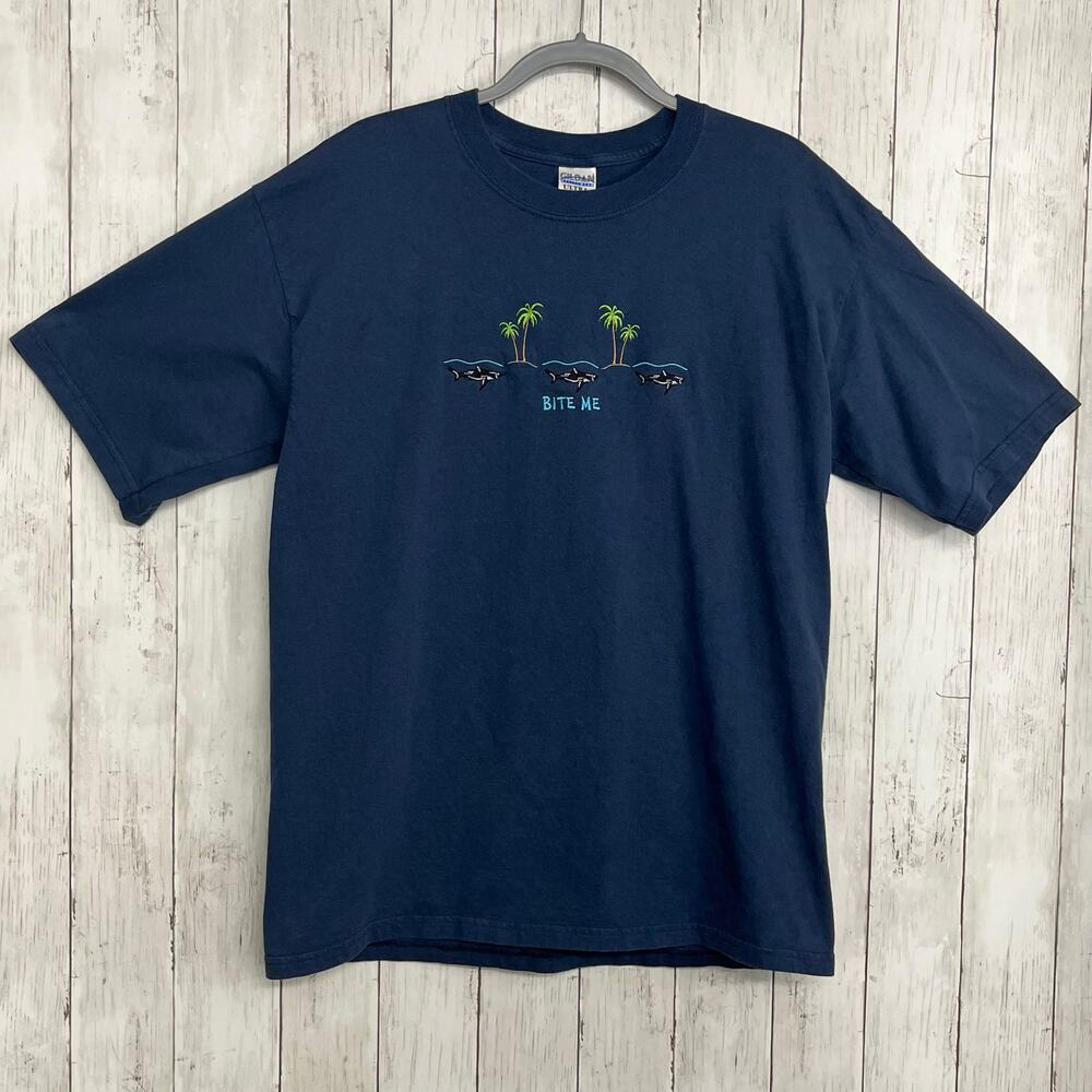 Vintage Shark Bite Me T-Shirt Large Funny Tropical Palm Trees Blue Cotton Tee